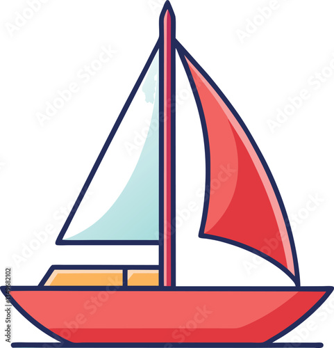Red Sailboat with Light Blue Sail, An illustrated sailboat with a red hull and light blue sail, symbolizing maritime adventure and leisure on the water.
