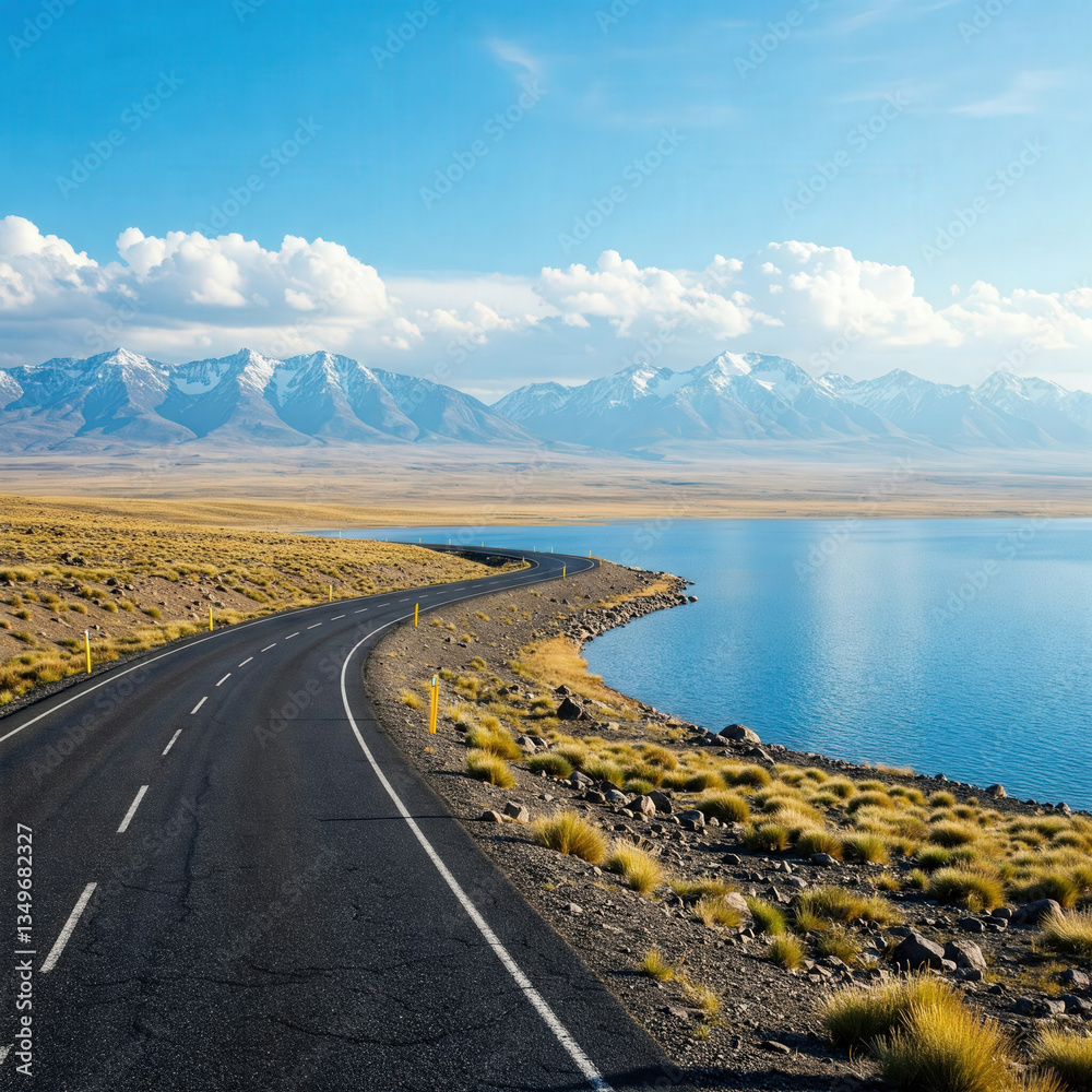 Obraz premium Quiet road under the snow-capped mountains