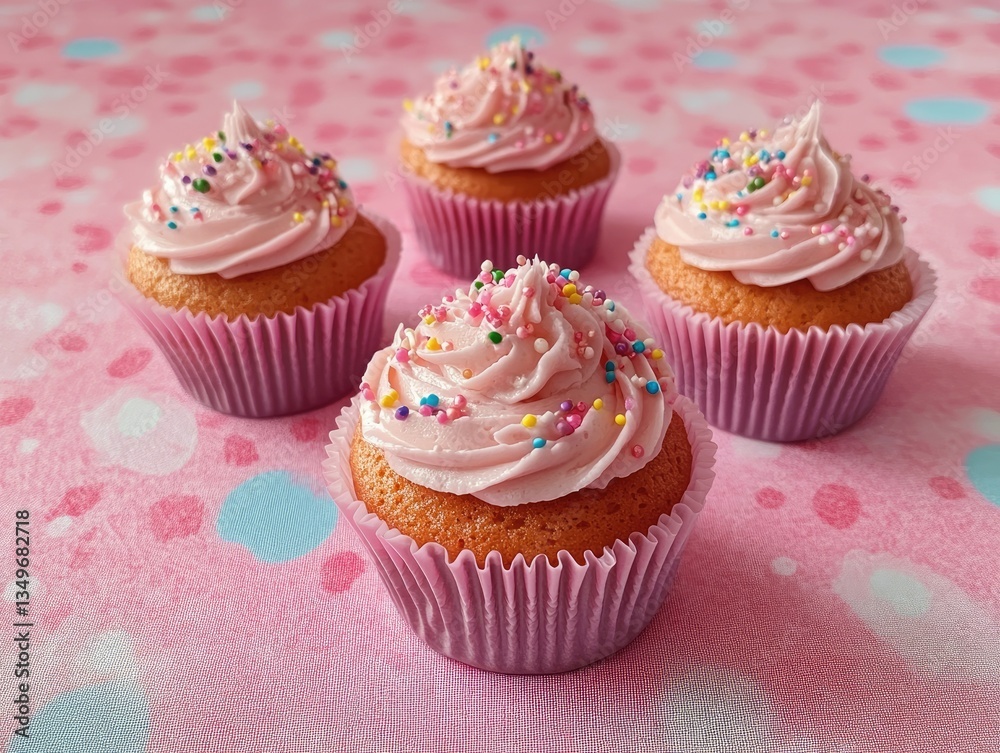 A delightful arrangement of four pink-frosted cupcakes adorned with colorful sprinkles, set against a playful pink backdrop with polka dots, perfect for a dessert-themed celebration A delightful arrangement of four pink-frosted cupcakes adorned with colorful sprinkles, set against a playful pink backdrop with polka dots, perfect for a dessert-themed celebration