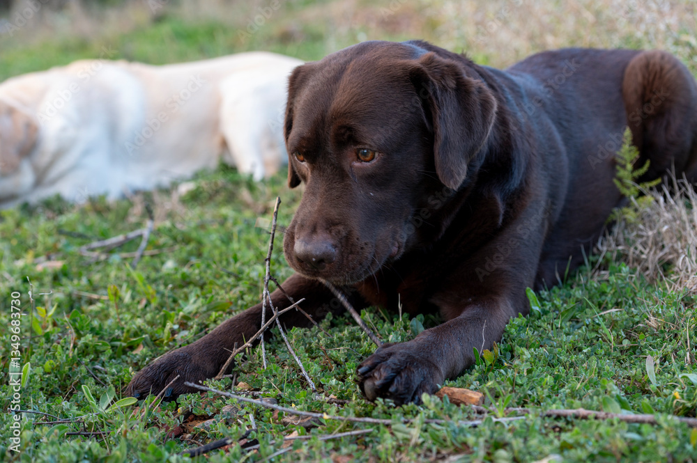 Labradors enjoying the spring sunshine in a lush countryside field Labradors enjoying the spring sunshine in a lush countryside field