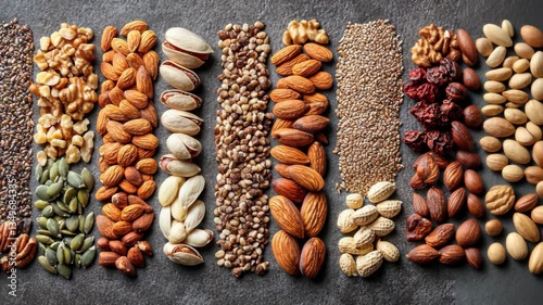 Vertical layout of assorted nuts and seeds in natural color stripes over dark background.
