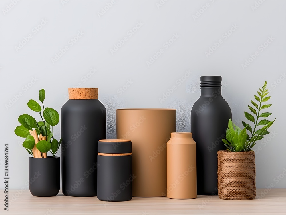 An artfully arranged assortment of stylized storage containers made from cardboard wicker and metal displayed on a light wooden table An artfully arranged assortment of stylized storage containers made from cardboard wicker and metal displayed on a light wooden table
