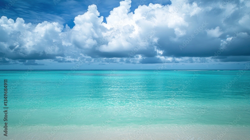 Tropical beach, calm turquoise water, dramatic clouds, scenic seascape Tropical beach, calm turquoise water, dramatic clouds, scenic seascape