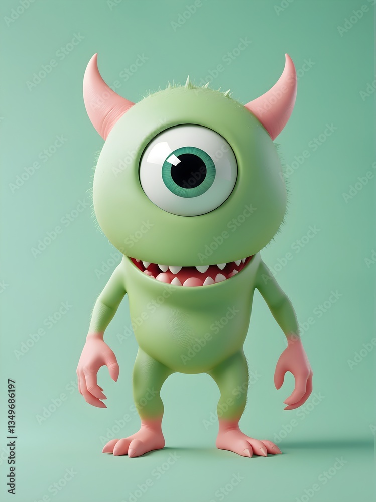 Fototapeta premium A cute. cartoonish green monster with large eyes and small horns. standing in a plain light green background
