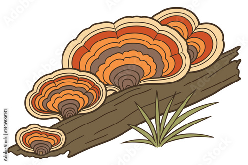 19 vibrant polypore mushroom, tree fungus, bracket fungi, colorful wood decay, layered organic growth, concentric rings, orange and brown tones, natural texture, biological detail, macro photography, 