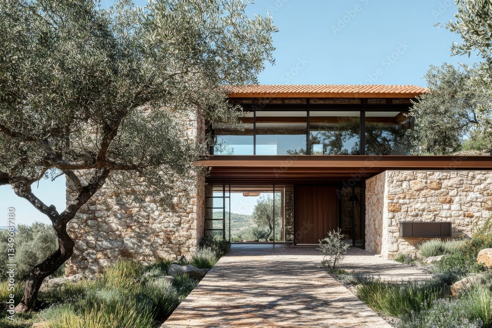 Obraz premium Modern architectural design of a rustic stone house surrounded by olive trees under a clear sky in a serene landscape setting