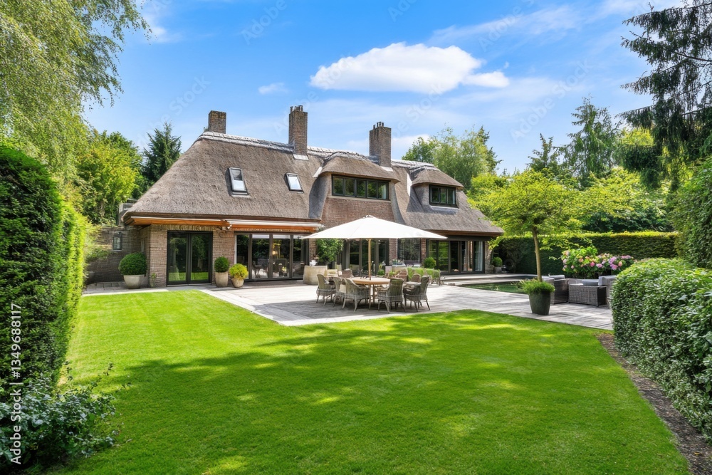 Inviting backyard of a modern thatched-roof home with a large outdoor dining area and lush green lawn in a picturesque setting Inviting backyard of a modern thatched-roof home with a large outdoor dining area and lush green lawn in a picturesque setting