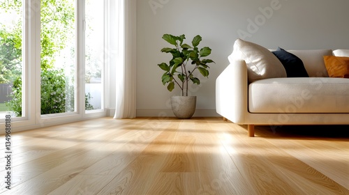 A well lit living room with a comfortable sofa simple furniture and a potted plant adding a touch of nature and greenery to the contemporary minimalist interior design
