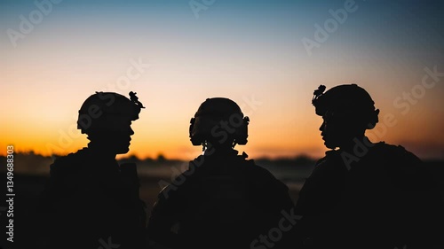 Three soldiers in silhouette at sunset, concept for military talking to each other
