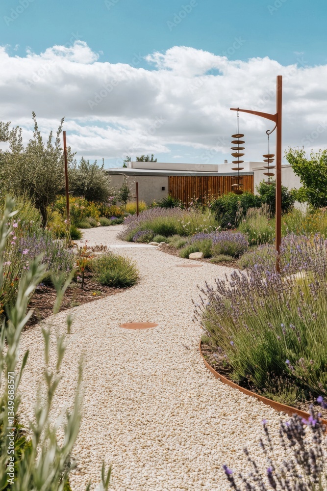 Obraz premium Winding pathway through a beautifully designed garden featuring lavender and artistic structures under a blue sky with clouds