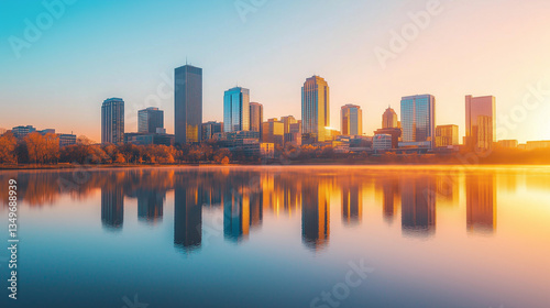 Sunrise city skyline water reflection