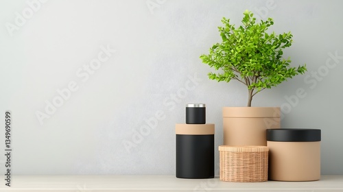 Assortment of diverse storage boxes and baskets made from various materials like cardboard wicker and brushed metal neatly arranged on a light oak table creating a peaceful photo