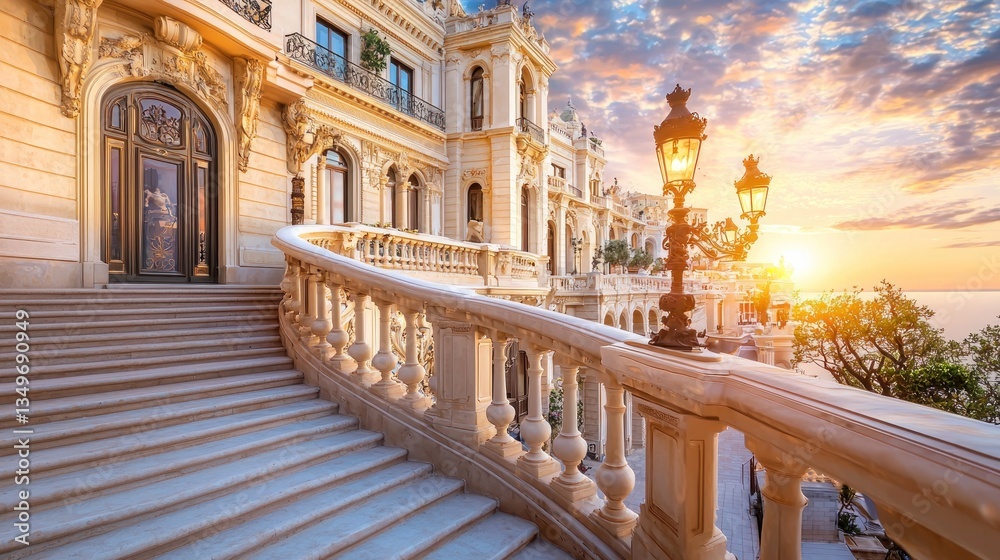 Fototapeta premium Grand staircase, luxury mansion, sunrise view, coastal location