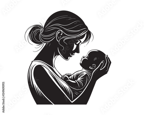 A black vector silhouette of a mother kissing her baby’s forehead, minimalist and elegant.