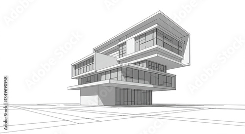 Modern Architecture Design Sketch of a Multi Story Building with Large Windows and Geometric