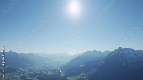 Alpine valley panorama, sunny day, high angle view, scenic landscape
