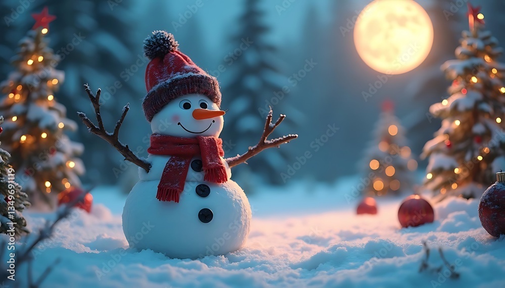 Obraz premium Cheerful Snowman Winter Scene with Christmas Trees and Full Moon