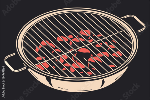 20 top-down view, round barbecue grill, burning charcoal, flames, glowing embers, metal grate, black background, high contrast, realistic, detailed, product photography, isolated object, cooking equip