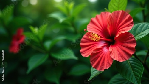 Bold, vibrant hibiscus blooms in lush green foliage , seamless repeat, surface, seamless