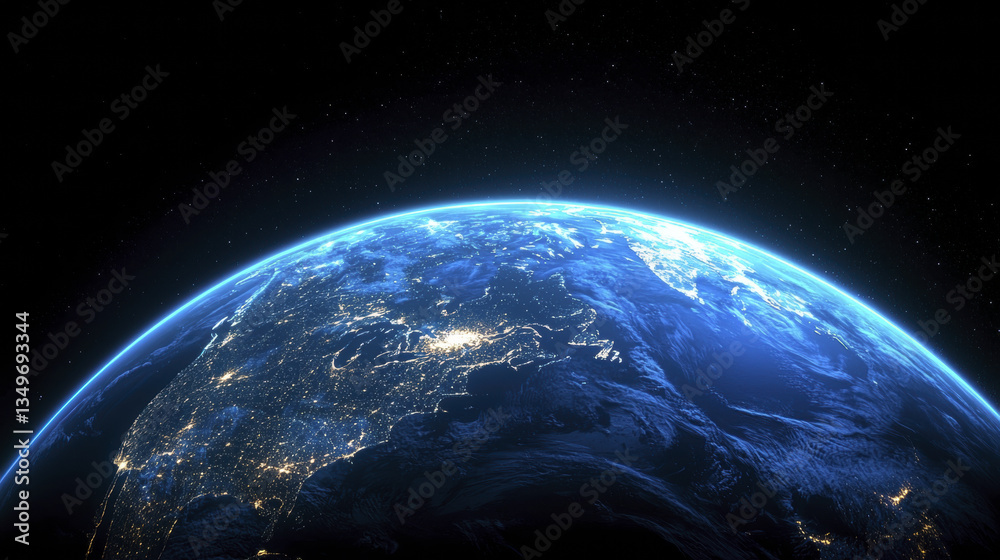 Fototapeta premium Earth viewed from space at night, showcasing city lights and natural features