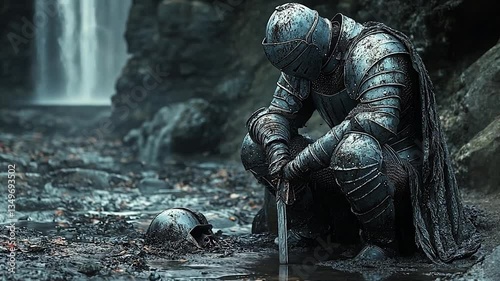 A lone knight in weathered armor kneels by a serene waterfall, reflecting