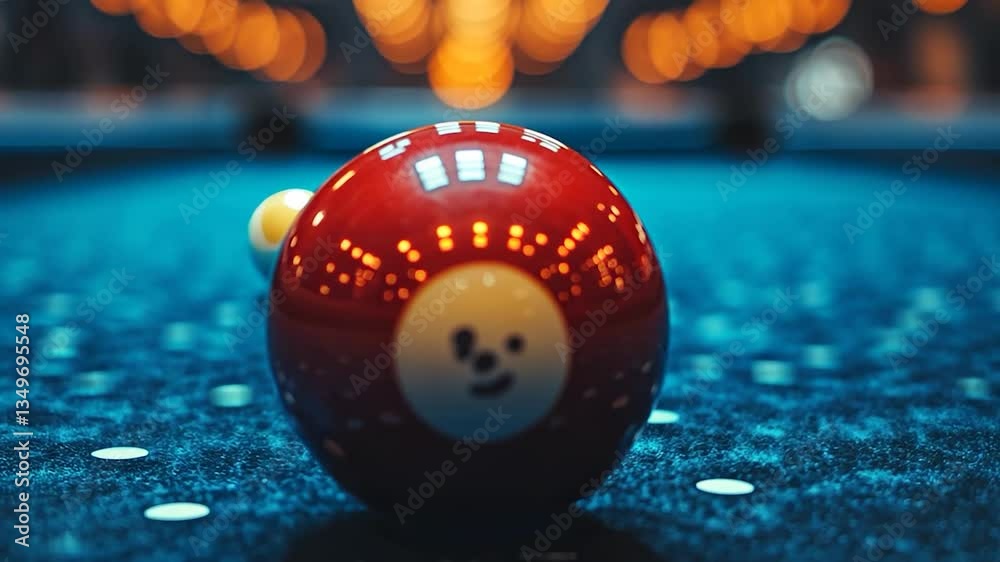 Close-up of a red billiard ball on a vibrant blue table with blurred lights