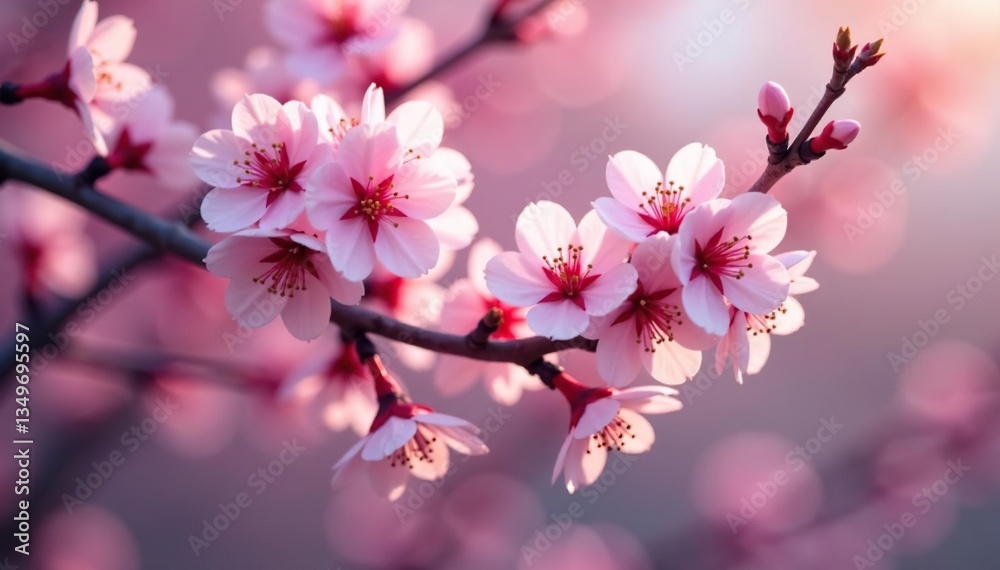 Obraz premium Intricate sakura branches, full bloom, vibrant color, close-up, branch, red