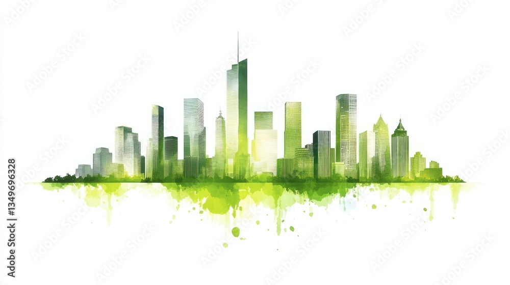 Fototapeta premium Abstract cityscape skyline, green watercolor, urban landscape, background image, for presentation, poster, environmental concept
