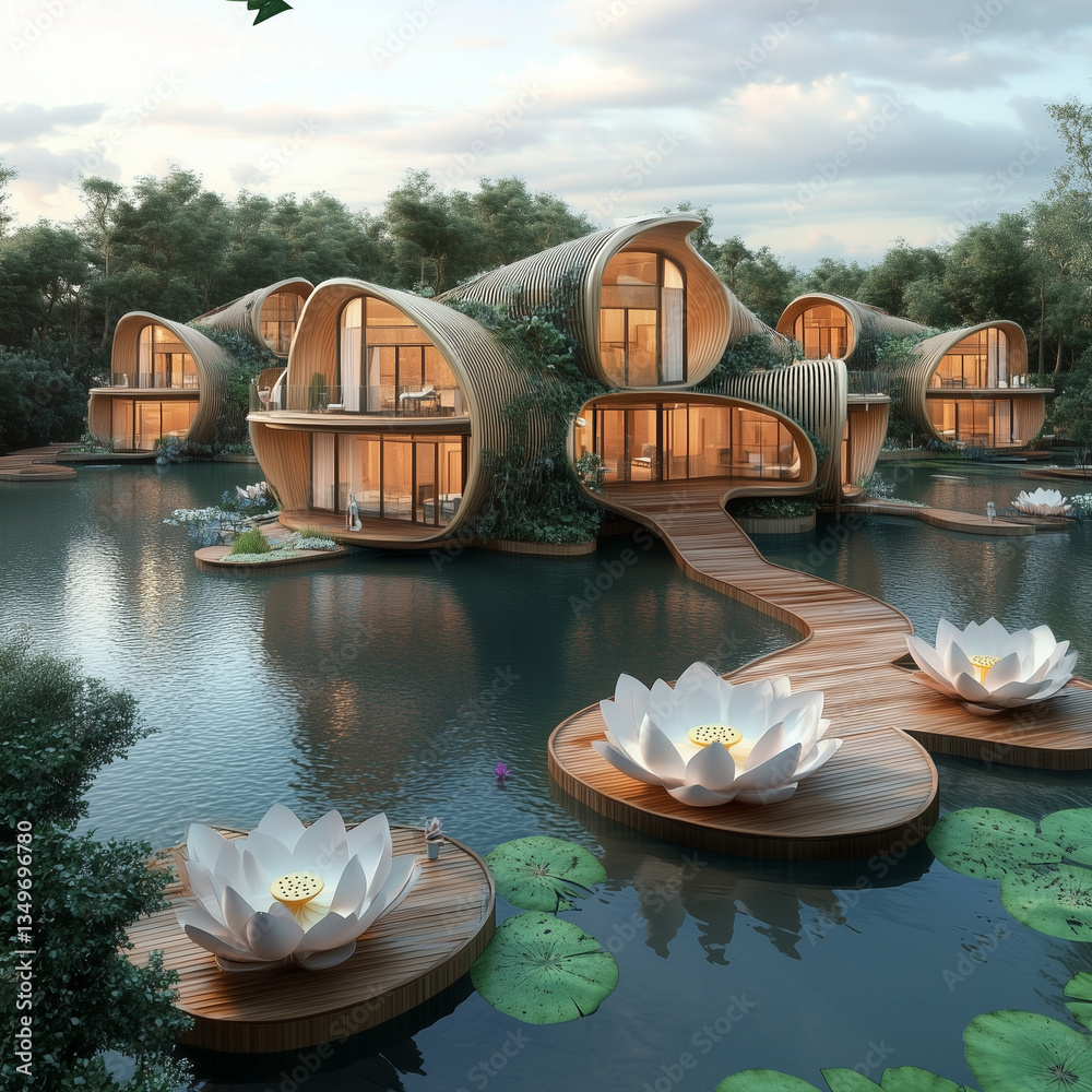 Floating Eco-Resort with Wooden Pods Over Water and Greenery