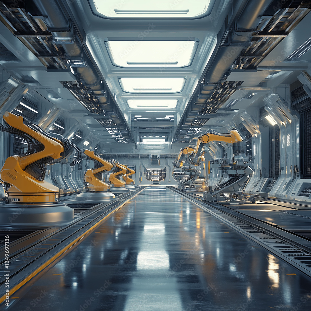 Futuristic Robotic Factory with Automated Assembly Line