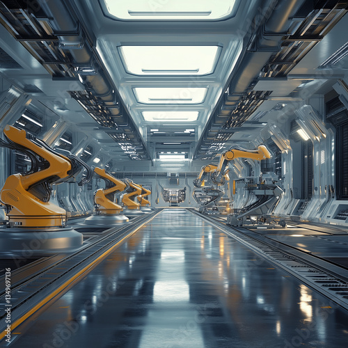 Obraz na płótnie Futuristic Robotic Factory with Automated Assembly Line w salonie
