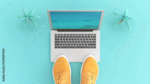 Workation bliss productivity at the beach with a laptop tropical vibes creative environment aerial view