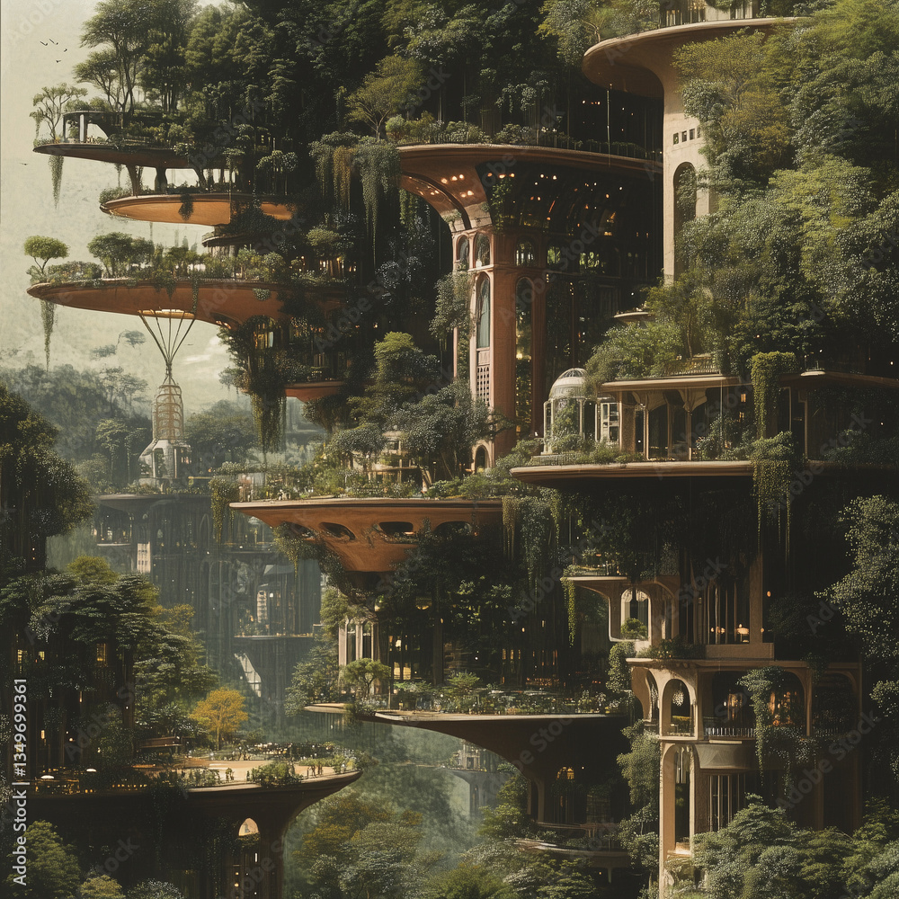 Futuristic Treehouse City in a Lush Forest with Elevated Platforms