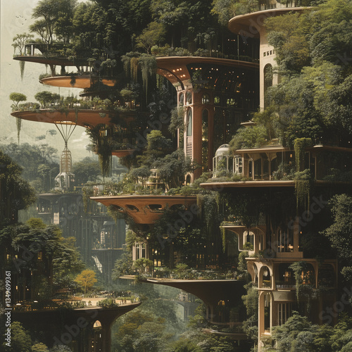 Obraz na płótnie Futuristic Treehouse City in a Lush Forest with Elevated Platforms w salonie