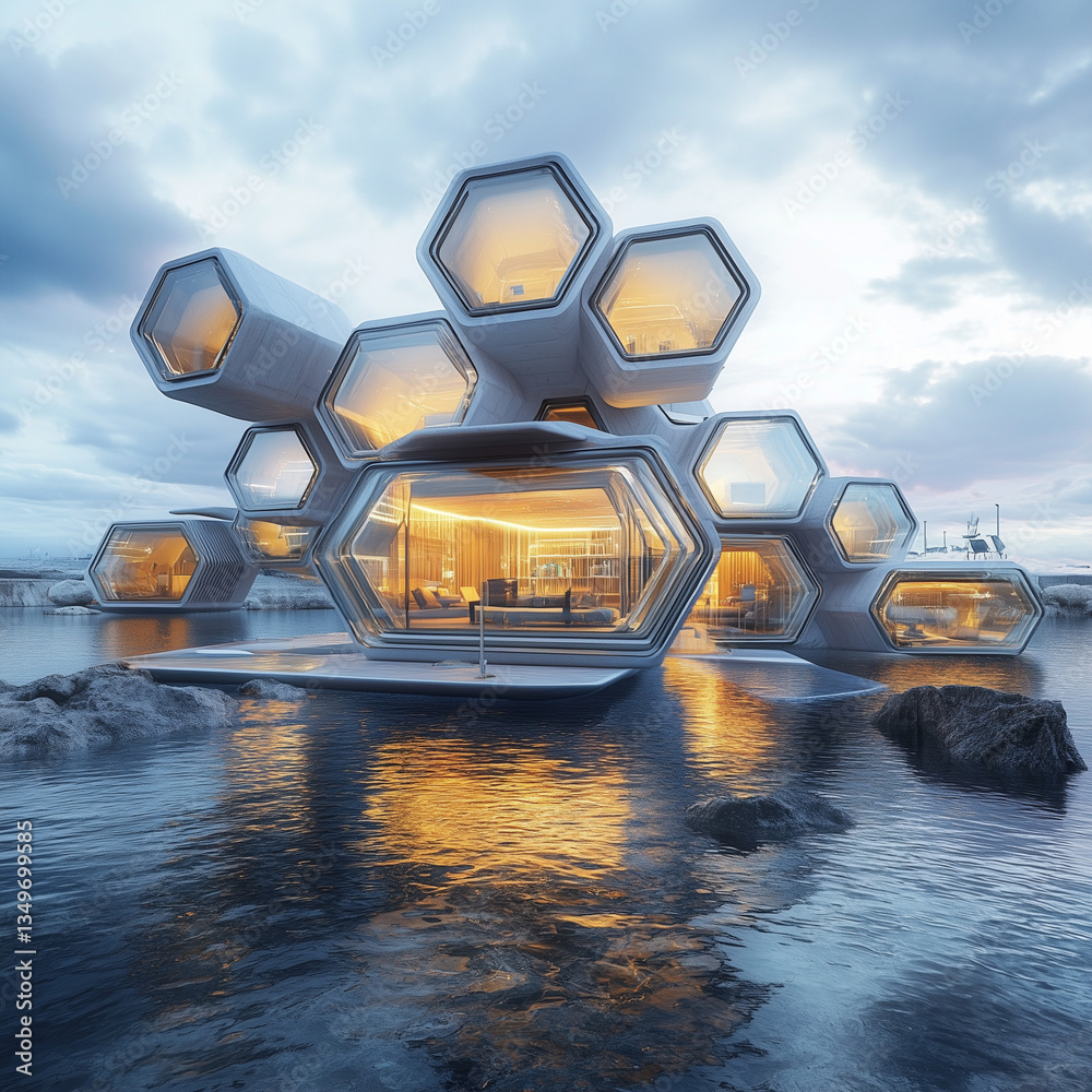 Futuristic Floating City with Illuminated Platforms at Night