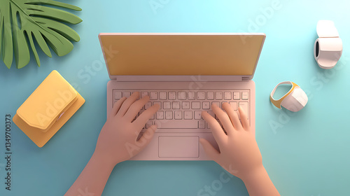Remote workation with laptop and accessories at a vibrant desk in a modern workspace environment