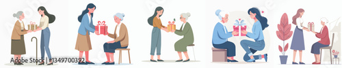 vector of a woman giving a gift to her grandmother