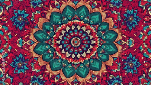 Wallpaper Mural Complex mandala design in red, teal, and gold tones with intricate floral patterns Torontodigital.ca