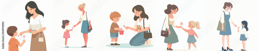 vector of a woman giving candy to children vector of a woman giving candy to children