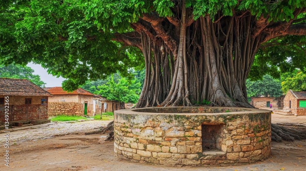 Ancient banyan tree, stone well, village square, serene atmosphere Ancient banyan tree, stone well, village square, serene atmosphere