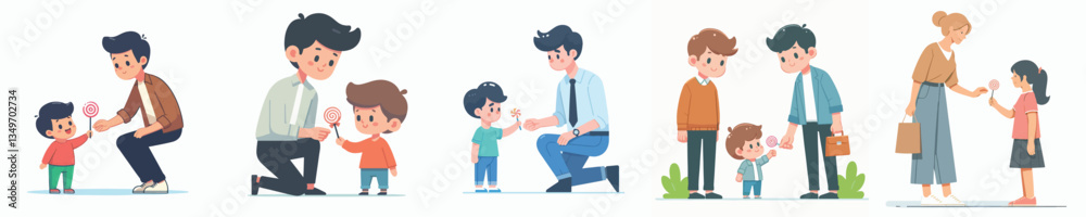 vector of a young man giving candy to children vector of a young man giving candy to children