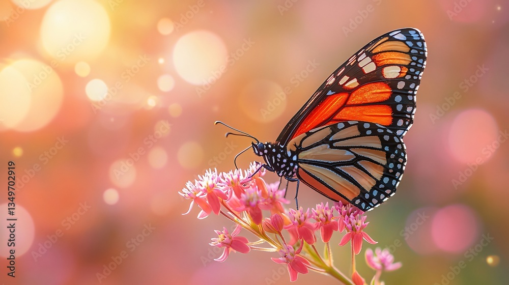 Vibrant monarch butterfly resting on a pink flower in sunlight.
Vibrant monarch butterfly resting on a pink flower in sunlight.