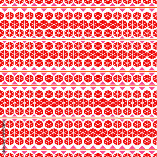 Modern geometric pattern with red hexagonal honeycomb structure and pink triangular borders. White lines create clean divisions. Perfect for contemporary textile and digital designs
