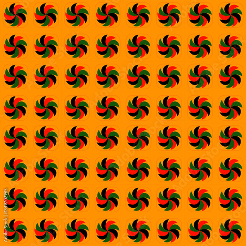Dynamic pinwheel patterns in bold red, green, and navy create a mesmerizing geometric repeat. Each rounded-corner tile features a striking spiral design that combines modern aesthetics and traditional