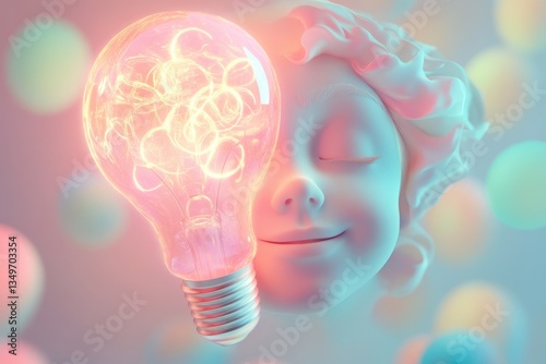 A glowing lightbulb rests against a serene, smiling face, symbolizing bright ideas and inner peace.