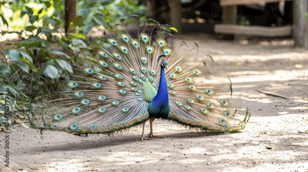 Obraz premium vibrant peacock displaying its colorful feathers in natural setting, showcasing beauty and grace
