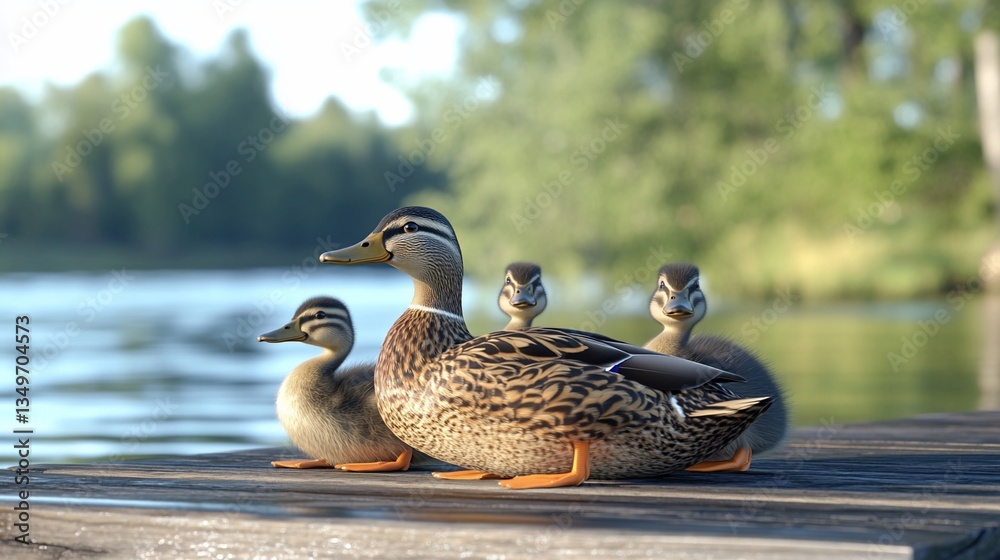 Fototapeta premium Duck family on dock with bokeh trees and lake behind.