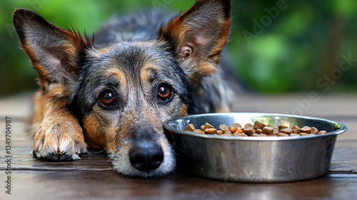 A stressed dog struggling to eat from its food bowl in a dimly lit room illustrating signs of anxiety while attempting to satisfy its hunger.