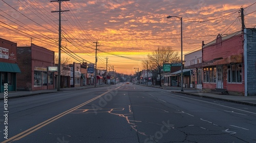 Small town street at sunrise, empty road, shops, and colorful sky