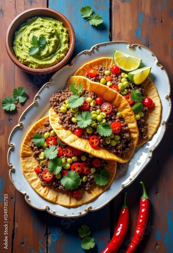 Vibrant taco platter with guacamole and chili peppers, culinary delight